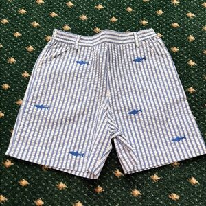 Florence Eiseman Blue and White Striped Seersucker Embroidered Shark Shorts
